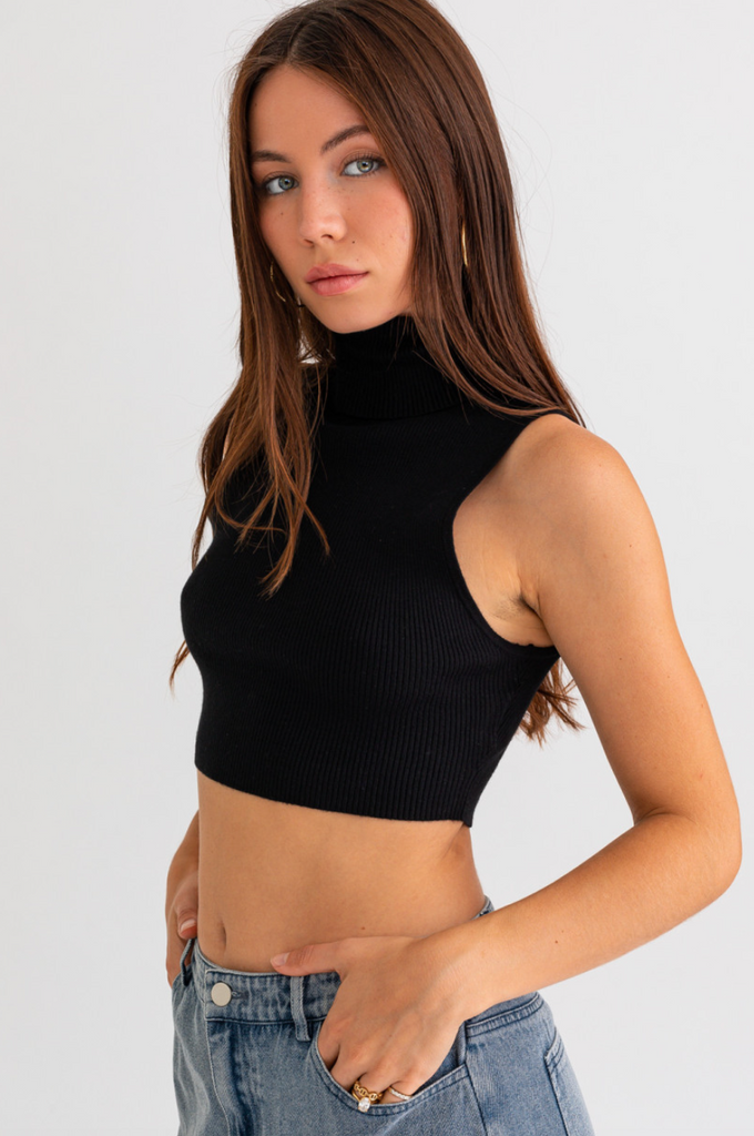 Sleeveless Turtleneck Sweater Crop Top - Black