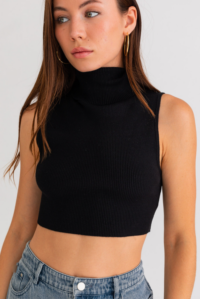 Sleeveless Turtleneck Sweater Crop Top - Black